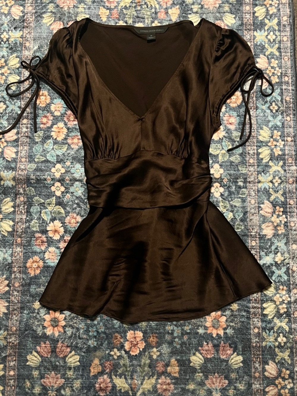 Express Design Studios Chocolate Brown Silk V-Neck Blouse